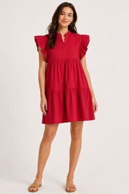 Odette Red Poplin Pleated Mini Dress Medium Ruffle Sleeve Organic Cotton NWT